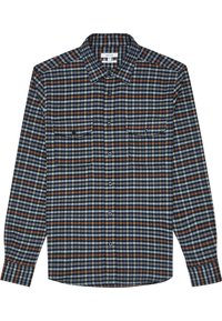 Rutig skjorta med långa ärmar i marinblått, blått och rostfärgat, med krage och två bröstfickor. Tillverkad av ett texturerat tyg.