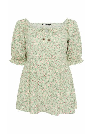 Hellgrüne Bluse mit Puffärmeln, kleinem roten und weißen Blumenmuster, quadratischem Ausschnitt und einer vorderen Bindung mit Holzperlen.