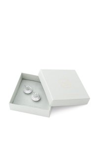 Silver runda örhängen med lagerdesign, placerade i en mjuk grå låda med strukturerad yta och guldlogotypdetalj på locket.