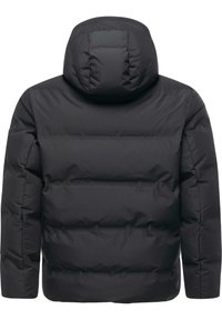 Giacca a vento nera, con cappuccio, design trapuntato orizzontale, texture liscia e polsini elasticizzati. Senza hardware o accenti visibili.