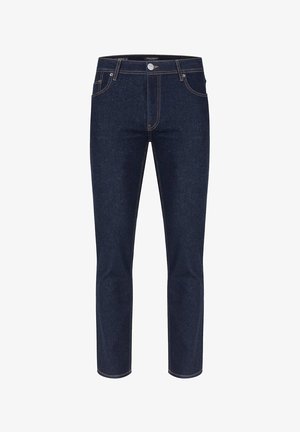 Granatowe dżinsy o slim fit, z pięcioma kieszeniami i kontrastowymi pomarańczowymi szwami wzdłuż szwów i kieszeni.