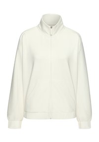 Giacca bianca con zip, colletto alto, maniche lunghe e due tasche frontali; realizzata in un tessuto morbido e testurizzato con una vestibilità rilassata.
