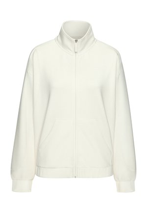 Giacca bianca con zip, colletto alto, maniche lunghe e due tasche frontali; realizzata in un tessuto morbido e testurizzato con una vestibilità rilassata.