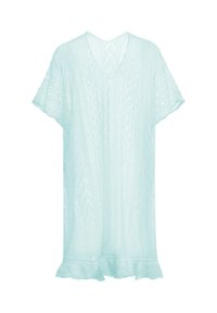 Svetle modrý pletený kimono-styl obal, s krátkými rukávy, otevřeným předním dílem a scalloped spodním lemem s texturovaným vzorem zigzag.