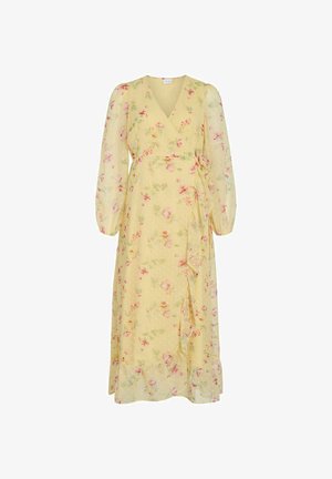 Kollane wrap-kleit roosa lillemustriga, pikad läbipaistvad puhvis varrukad, V-kaelus ja volangidega serv.