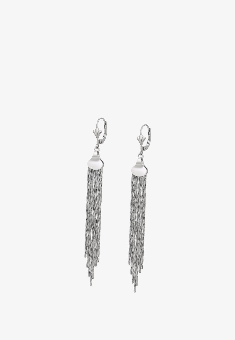 Stříbrné visací náušnice s několika jemnými řetízkovými třásněmi visícími z křivého metalického základu a patentními háčky.