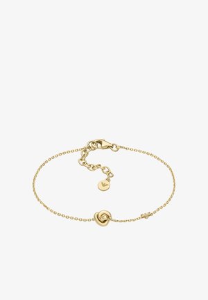 Goldkettengliederarmband mit Knotendesign, verstellbarer Länge mit Karabinerverschluss und graviertem Logotyp, zeigt ein poliertes Finish.