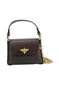 Brown leather handbag with a textured finish, gold bee emblem, gold hardware, and a detachable chain strap. Features a small Italian flag charm.