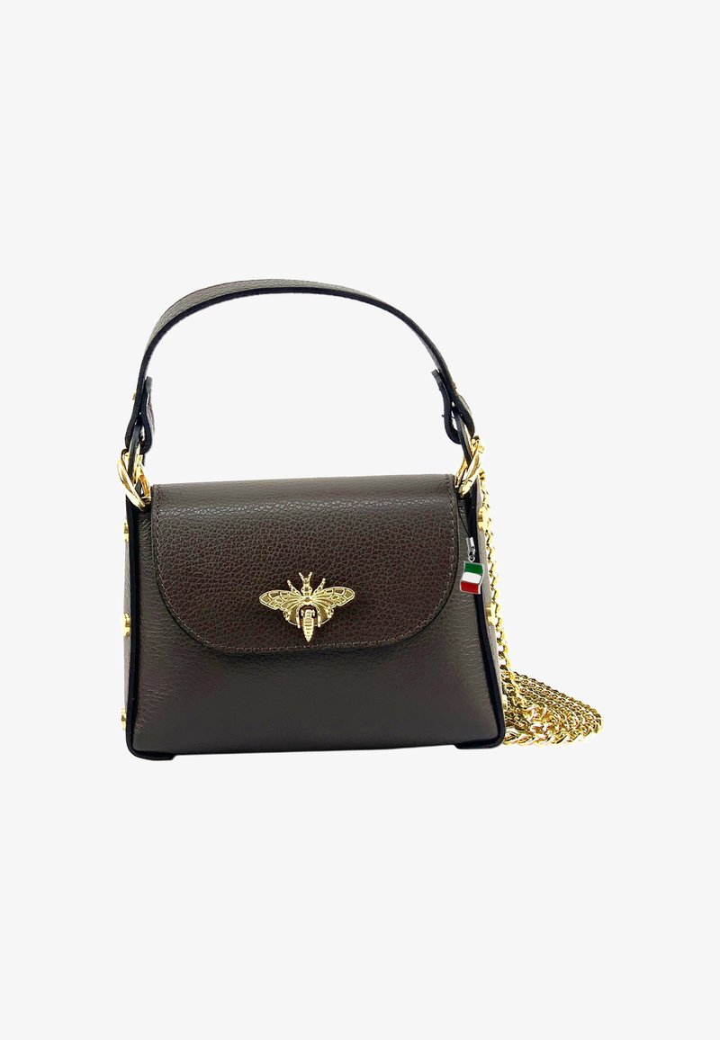 Brown leather handbag with a textured finish, gold bee emblem, gold hardware, and a detachable chain strap. Features a small Italian flag charm.
