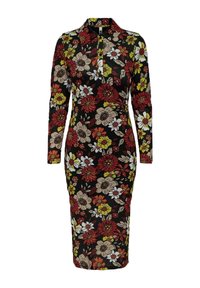 Blommig klänning med svart bakgrund, prydd med röda, gula och beige blommor. Långa ärmar, krage och figursydd siluett.