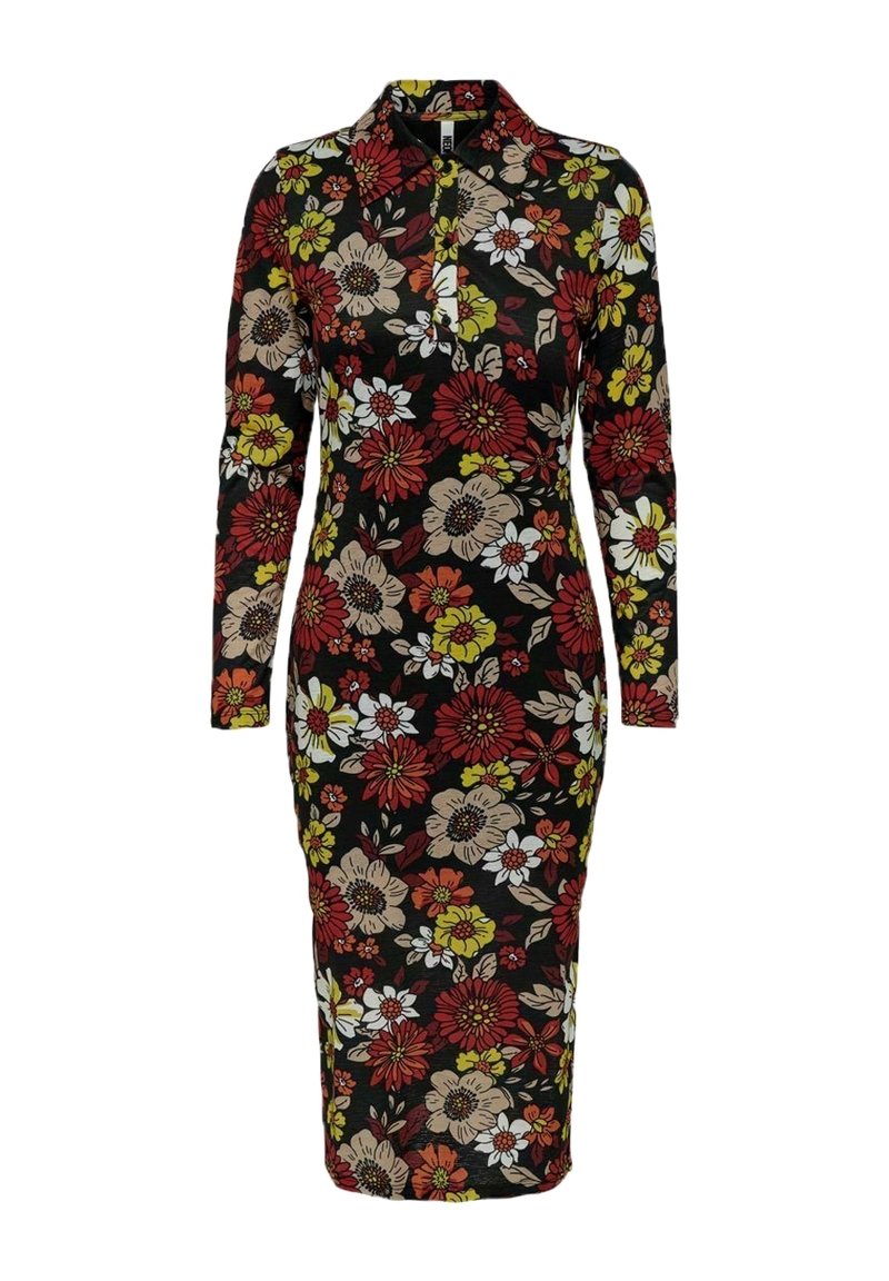 Blommig klänning med svart bakgrund, prydd med röda, gula och beige blommor. Långa ärmar, krage och figursydd siluett.