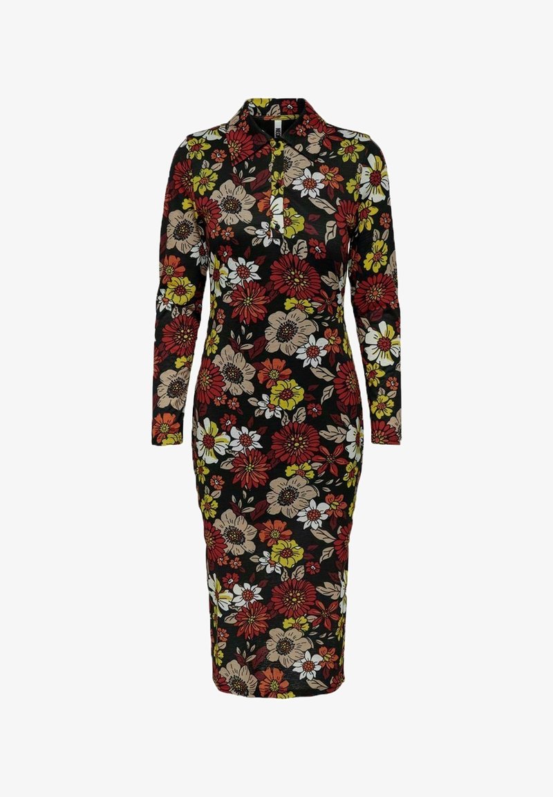 Floral dress with a black background, featuring red, yellow, and beige flowers. Long sleeves, collared neck, and fitted silhouette.