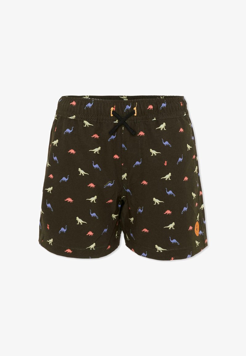 Short de bain enfant marron foncé avec motifs colorés de dinosaures et cordon noir à la taille élastique.