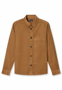 Braune Cordhemd mit langen Ärmeln, Knopfverschluss, Kragen und einer Brusttasche. Durchgehend gerippte Textur.