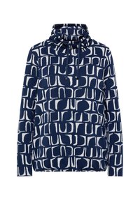 Marineblauer Pullover mit langen Ärmeln, weißem abstraktem geometrischem Muster und hohem Kragen mit verstellbaren Kordeln.