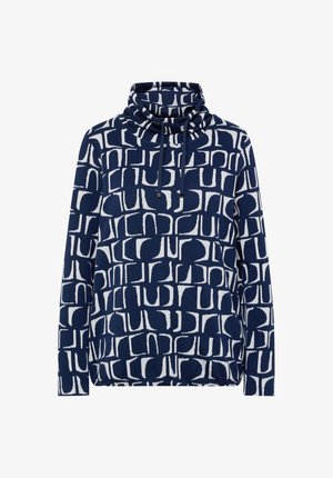 Marineblauer Pullover mit langen Ärmeln, weißem abstraktem geometrischem Muster und hohem Kragen mit verstellbaren Kordeln.