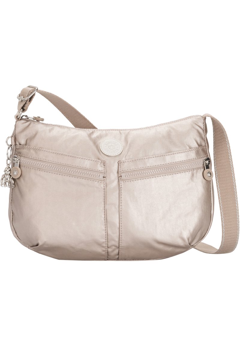 Beige nylon shoulder bag with two front zip pockets, a woven strap, and a circular brand emblem on the front. Smooth, shiny texture.