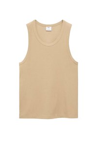 Beige tank top, blødt bomuldsstof, rund halsudskæring, uden ærmer, almindelig pasform, minimale syninger.