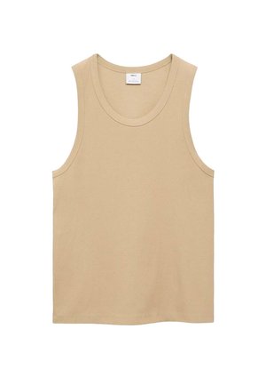 Beige tank top, blødt bomuldsstof, rund halsudskæring, uden ærmer, almindelig pasform, minimale syninger.