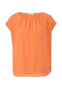 Blusa arancione a maniche corte realizzata in tessuto leggero, con scollatura rotonda e dettagli arricciati nella parte frontale per un tocco di texture in più.