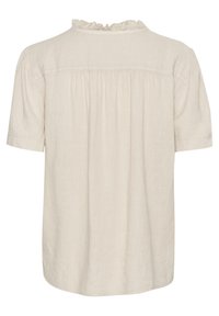 Lys beige, kortærmet bluse lavet af tekstureret hør, med en rynket halsudskæring og samlet bagside for en afslappet pasform.