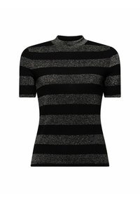 Czarny top z krótkim rękawem z wysokim kołnierzem, z naprzemiennymi poziomymi paskami z czarnych i srebrnych metalicznych nici. Gładka tekstura.