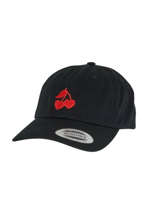 Casquette de baseball noire ajustable avec des cerises rouges brodées sur le devant. Fabriquée en coton, avec une visière courbée et un design à six panneaux.