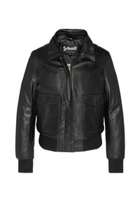 Giacca bomber in pelle nera con colletto, due tasche frontali, cerniera metallica e polsini e orlo a costine. Texture liscia e design aderente.