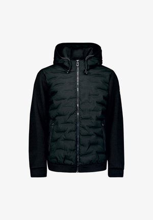 Zwarte hooded jacket met een gequiltte voorkant, gebreide mouwen en zakken. Ritssluiting met een verstelbare capuchon voor een perfecte pasvorm.