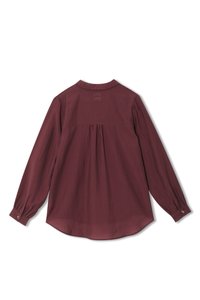 Burgundy long-sleeve shirt with a back yoke, gathered detailing, and buttoned cuffs, made of lightweight fabric with smooth texture.