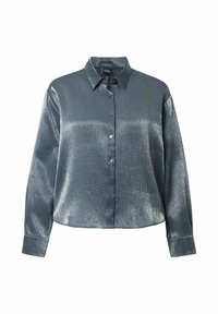 Metallic grey long-sleeve shirt featuring a collared neck, button closure, and a smooth, textured finish. Crisp lines and tailored fit.