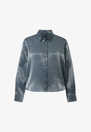 Metallisch graues Langarmhemd mit Kragen, Knopfverschluss und glatter, texturiertem Finish. Klare Linien und taillierte Passform.