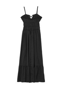 Robe maxi noire avec des bretelles spaghetti, un corsage smocké et une jupe à volants froncés. Fabriquée en tissu doux avec une texture fluide.