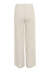 Beige linnen wijde broek, met een hoge tailleband, twee achterzakken en een zachte, gestructureerde afwerking.