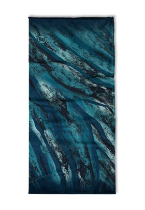 Calentador de cuello multifuncional en tonos de azul y negro. Presenta patrones abstractos de olas y una tela suave y elástica para mayor comodidad.