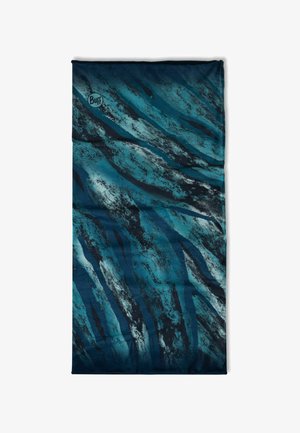 Multifunctional neck warmer in shades of blue and black. Features abstract wave patterns and a soft, stretchy fabric for comfort.