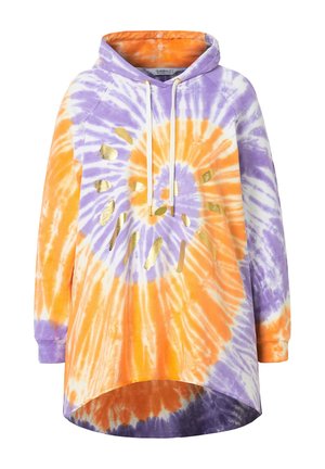 Tie-dye hoodie in orange, purple, and white with a rounded hem. Features front gold accents and adjustable drawstring hood. Cotton blend material.
