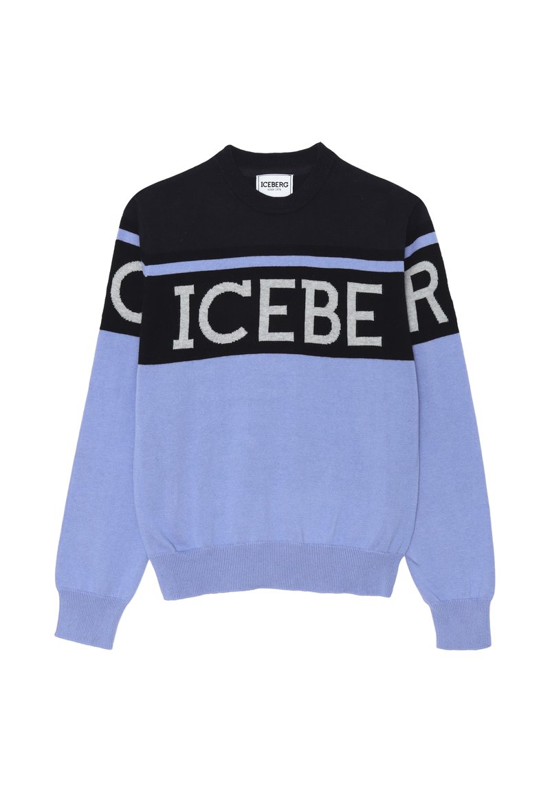 Maglione a maglia blu e nero con un audace logo "ICEBERG" sul petto. Polsini e orlo ribattuti con una texture liscia.