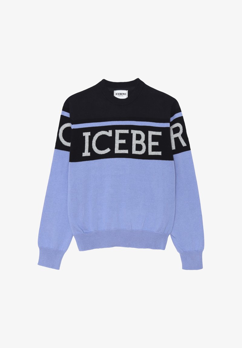 Maglione a maglia blu e nero con un audace logo "ICEBERG" sul petto. Polsini e orlo ribattuti con una texture liscia.