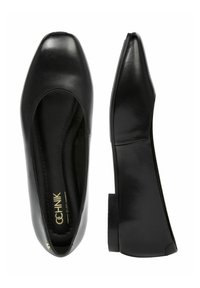 Czarne skórzane płaskie buty z zaokrąglonym noskiem, o gładkiej fakturze i niskim, kwadratowym obcasie. Minimalistyczny design z subtelnym logo widocznym wewnątrz.