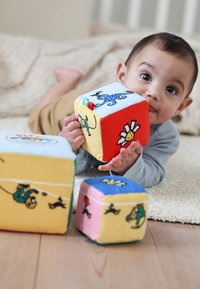 Quattro morbidi blocchi in tessuto, dai colori vivaci (blu, giallo, rosa, rosso) con vari disegni e motivi di animali dei cartoni animati. Un bambino tiene un blocco.