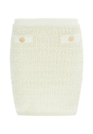 Weißer, gestrickter Minirock mit strukturierter Oberfläche, ausgestattet mit zwei seitlichen Taschen, die mit goldenen Knöpfen verziert sind. Weicher Stoff und figurbetontes Design.