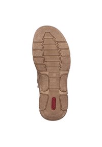 Semelle de chaussure en caoutchouc marron avec un motif de grip texturé, comportant des sections surélevées et un accent de logo rouge. Taille 37 indiquée.