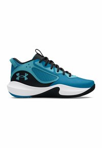Chaussure de sport turquoise avec des accents noirs, tige en mesh, semelle intermédiaire blanche incurvée, semelle extérieure texturée et lacets noirs. Logo Under Armour affiché.
