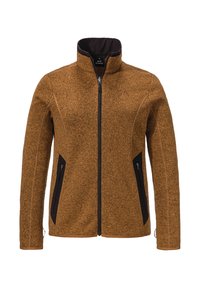 Fleecejacke in einem satten Braunton mit strukturierter Oberfläche, ausgestattet mit einem hohen Kragen, einem Reißverschluss vorne und Seitentaschen mit schwarzen Akzenten.