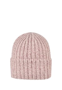 Light pink ribbed knit beanie hat with folded cuff, made from soft wool blend yarn.