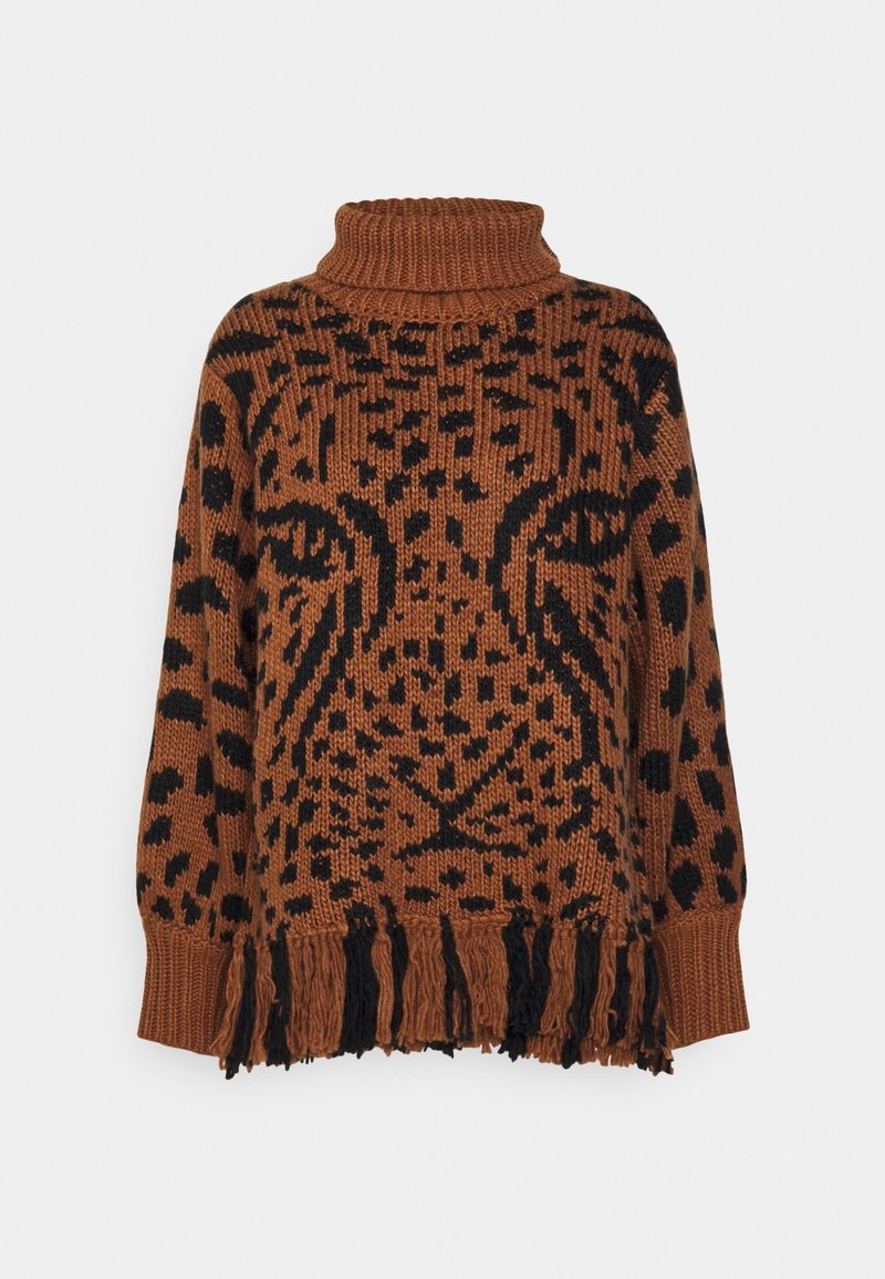 Brown knitted sweater featuring a black leopard print design, turtleneck, and black fringe detailing at the hem.