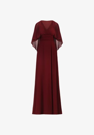 Floor-length burgundy evening gown with pleated bodice, wide waistband, and sheer, flowing cape sleeves.