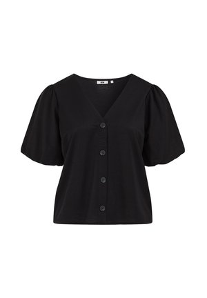 Blouse noire à manches courtes bouffantes, col en V et quatre boutons à l'avant, présentée sur un fond blanc.