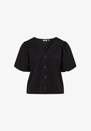 Blouse noire à manches courtes bouffantes, col en V et quatre boutons à l'avant, présentée sur un fond blanc.